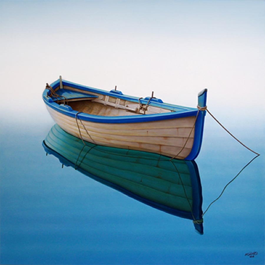 Original oil painting of boat on water entitled Boat in Tranquil Bay