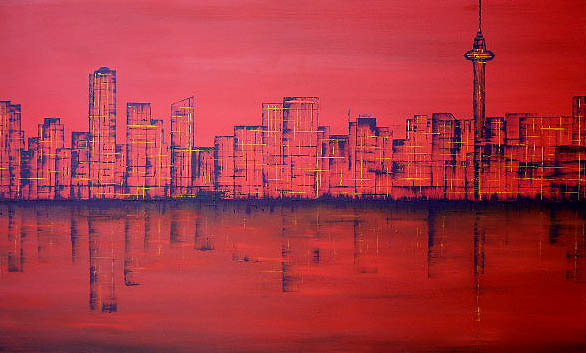 Red-Auckland-large-original-painting-of-Auckland-Skyline-on-a-bold-red-background-by-Nz-artist-carol-jones