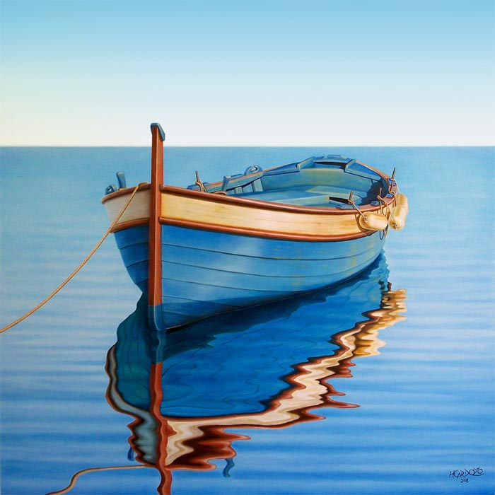 original oil painting of boat on water entitled Waiting for the Crew