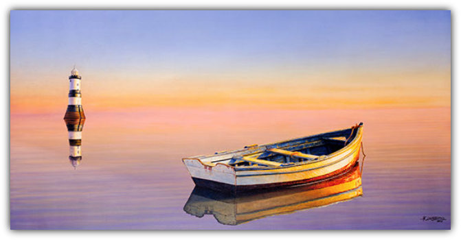 Original painting of row boat sitting on calm water with a lighthouse in the background.